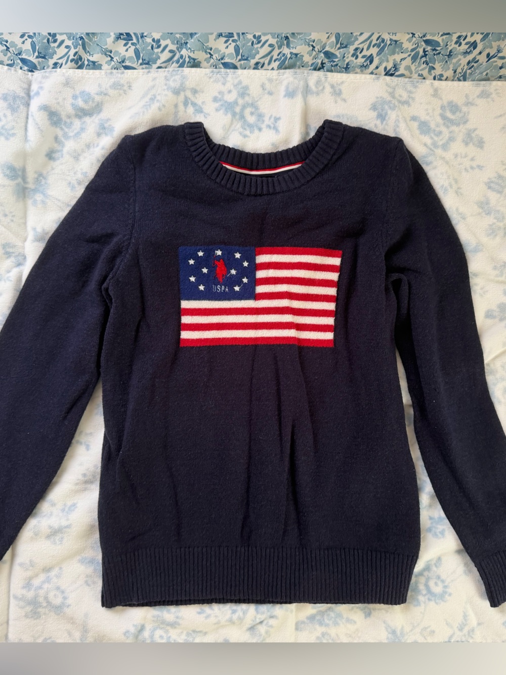 U.S. Polo Assn. Navy Crewneck Sweater with American Flag Patch